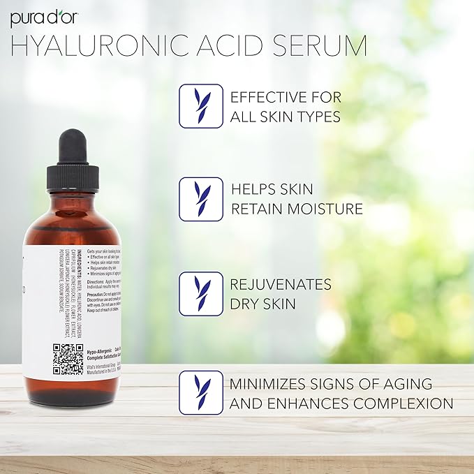PURA D'OR Hyaluronic Acid Serum For Deep Hydration (3.3oz x2 = 6.6oz) Anti-Aging, Plumping & Moisturizing Formula For Smooth, Supple Skin - Natural Skincare Boost - Fine Lines & Wrinkle Reducer