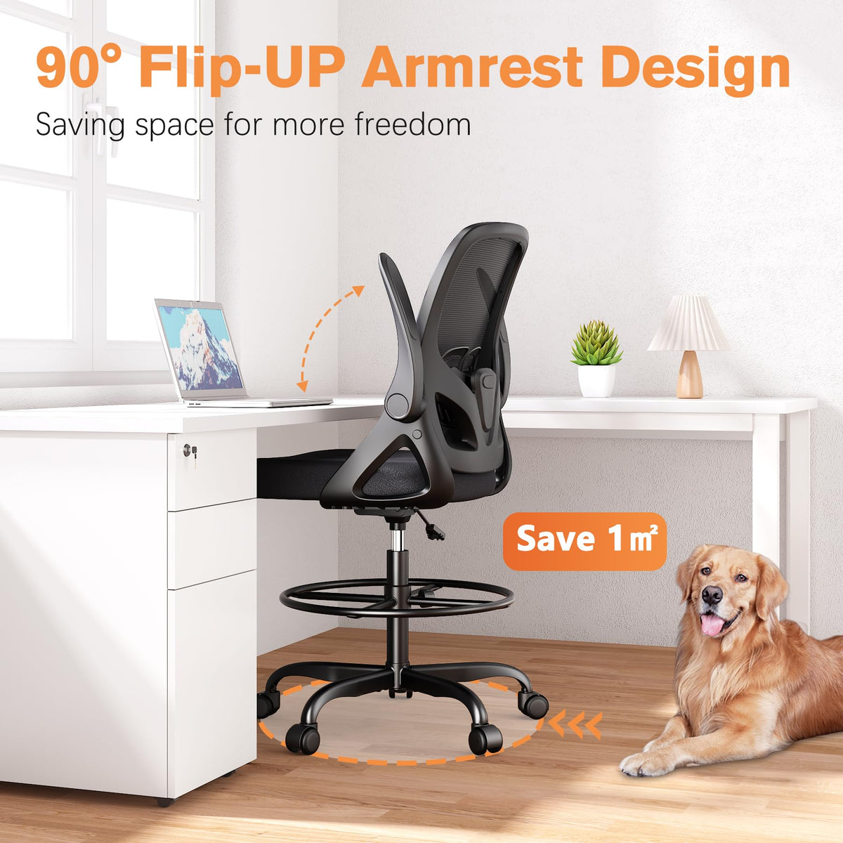 ORRSAKER Tall Drafting Chair with Lumbar Support and Footrest Ring, Supportive Tall Extended Height Ergonomic Desk Chair for Home Work, Breathable Mesh Office Chair with Flip up Arms(Black)