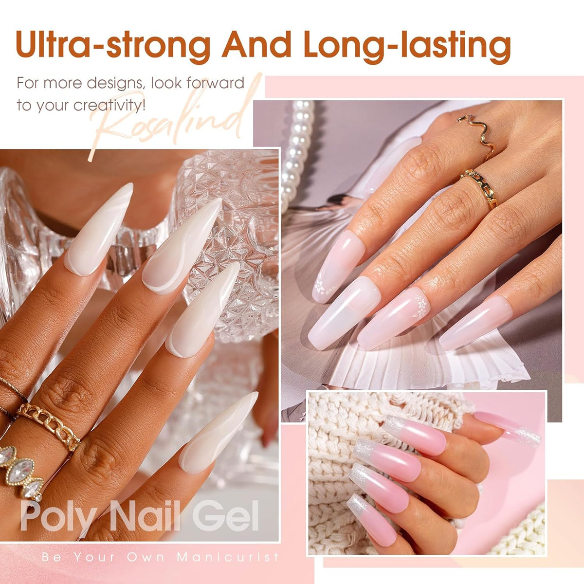ROSALIND Poly Nail Gel Kit -14 Colors +72 Nail Art Accessories kit Clear Nude Poly Nails Gel Kit Starter Kit with Mini UV Lamp Slip Solution Basic Tools for Beginners with Everything