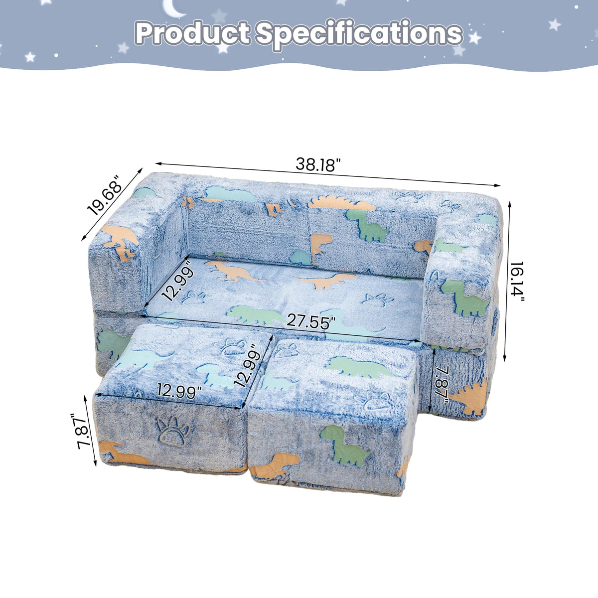 furlinkhm Toddler Couch, Glow in The Dark Kids Play Couch Toddler Fold Out Couch, Kids Fold Out Couch for playroom, Convertible Baby Fold Out Play Foam and Floor Cushion for Bedroom, Blue+Dinosaur