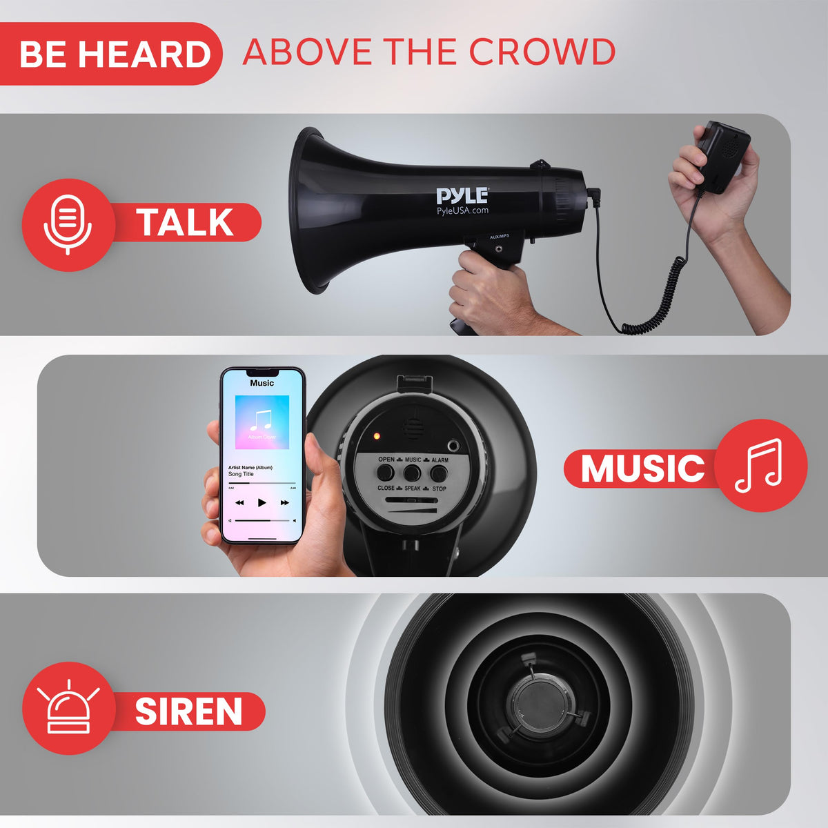 Pyle Megaphone Speaker PA Bullhorn Built-in Siren - Adjustable Volume Control & 1000 Yard Range - for Football, Soccer, Baseball, Hockey & Basketball Cheerleading Fans & Coaches or for Safety Drills