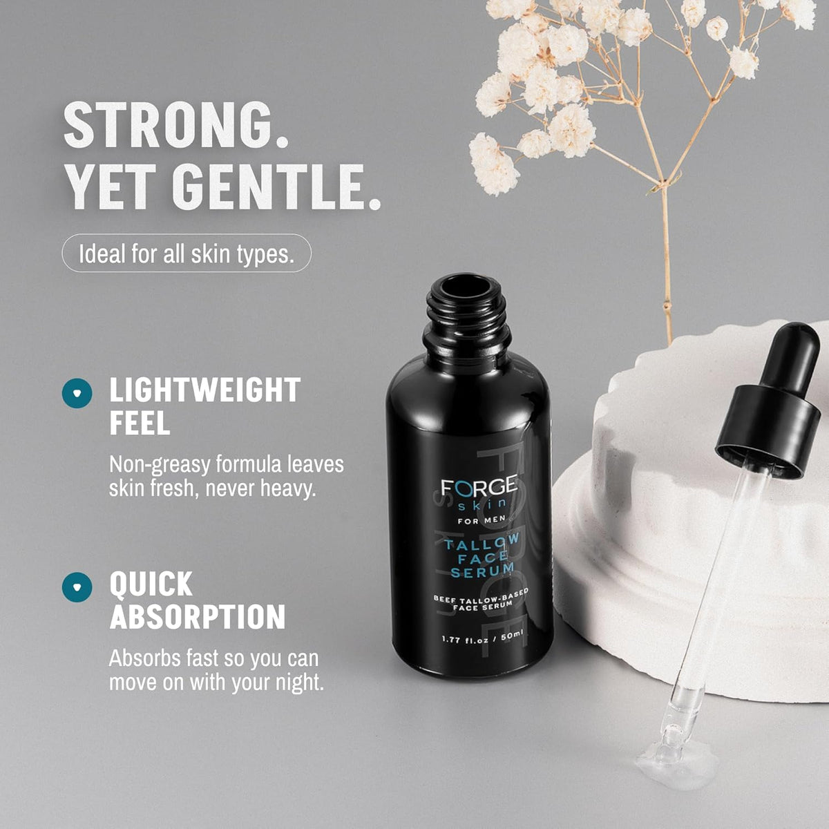 FORGE SKIN® Night Beef Tallow Serum for Men [TALLOW-BASED] - Facial Essence for Face Wrinkles with Essential Oils - Natural Green Tea Skincare for Radiance and Skin Hydration (1.77 OZ)