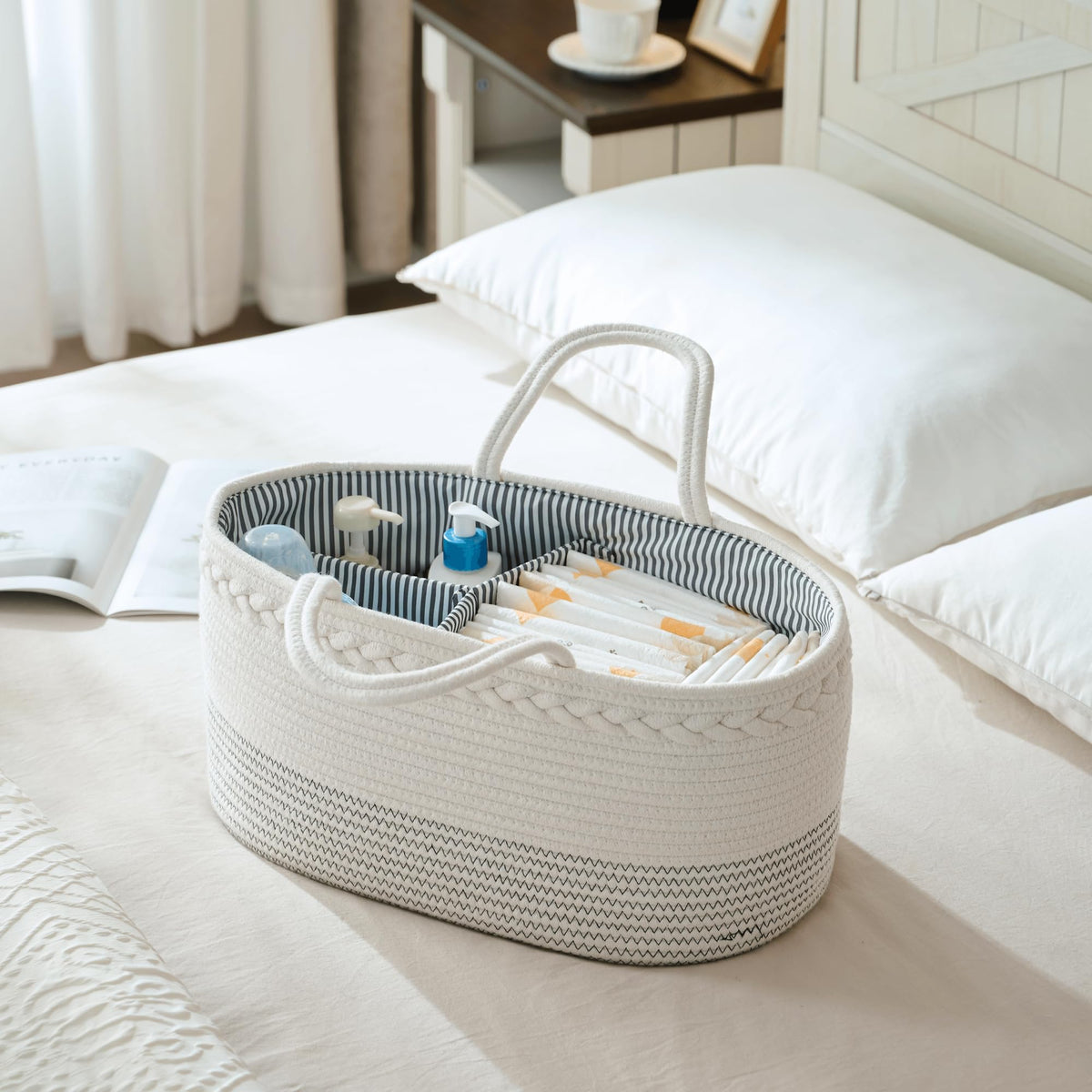 luxury little Diaper Caddy Organizer, Large Cotton Rope Nursery Baby Basket, Changing Table Organizer for Baby Diaper Storage, Portable Car Organizer with Removable Divider, Baby Shower Gifts - White