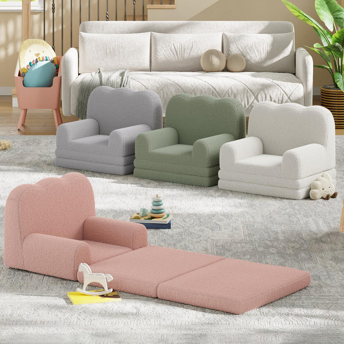 GarveeHome Kids Couch, 2-in-1 Comfy Toddler Couch Fold Out, Convertible Sofa to Lounger with Cute Wave Design, Foam Kids Chair with Soft Sherpa, Gift for Girls and Boys (Green Wavy)