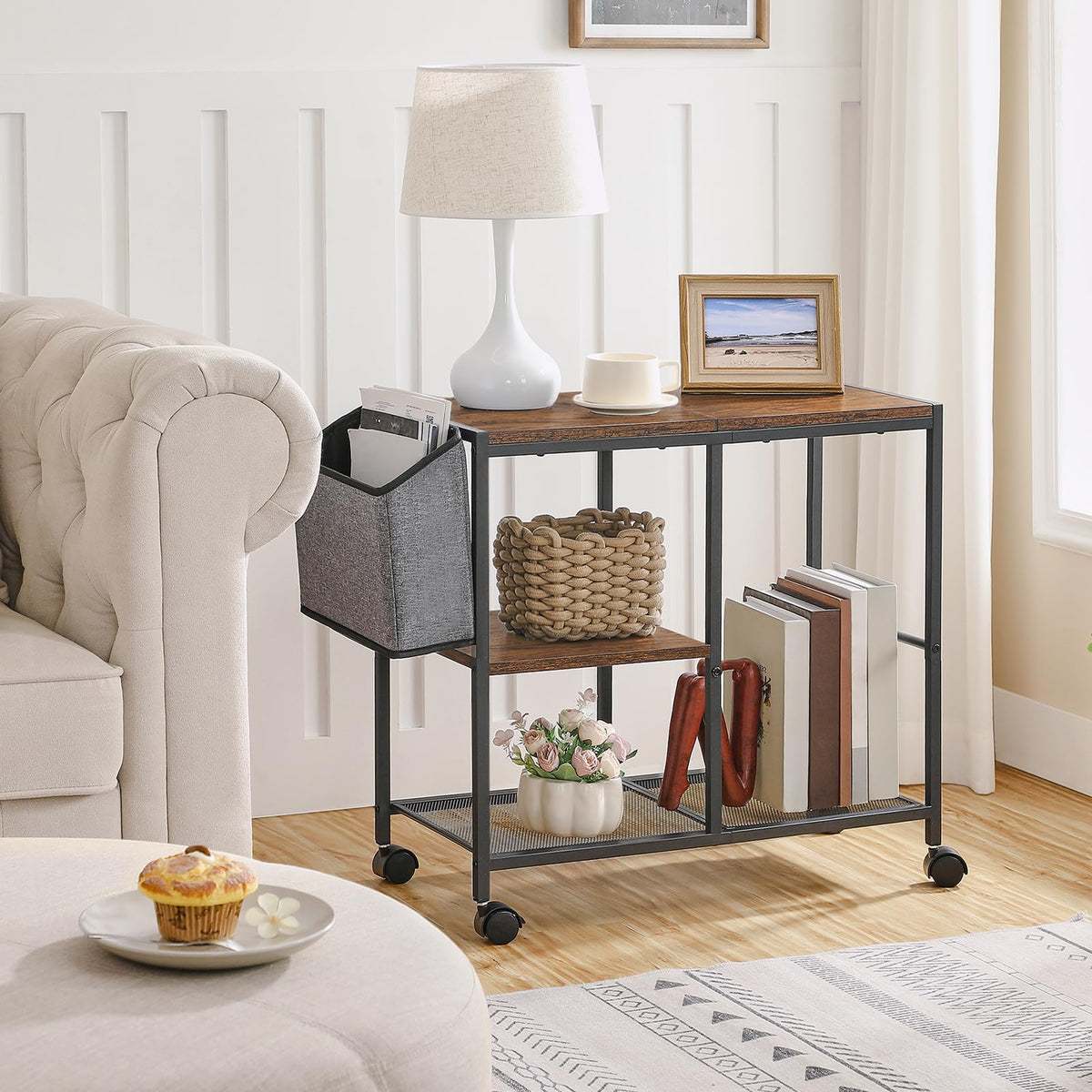 MAHANCRIS Printer Stand with Storage Bag, 3-Tier Mobile Under Desk Printer Cart with Wheels, Wood Rolling Printer Table, Organizer Shelf for Study, Office, Living Room, Rustic Brown PTHR2201