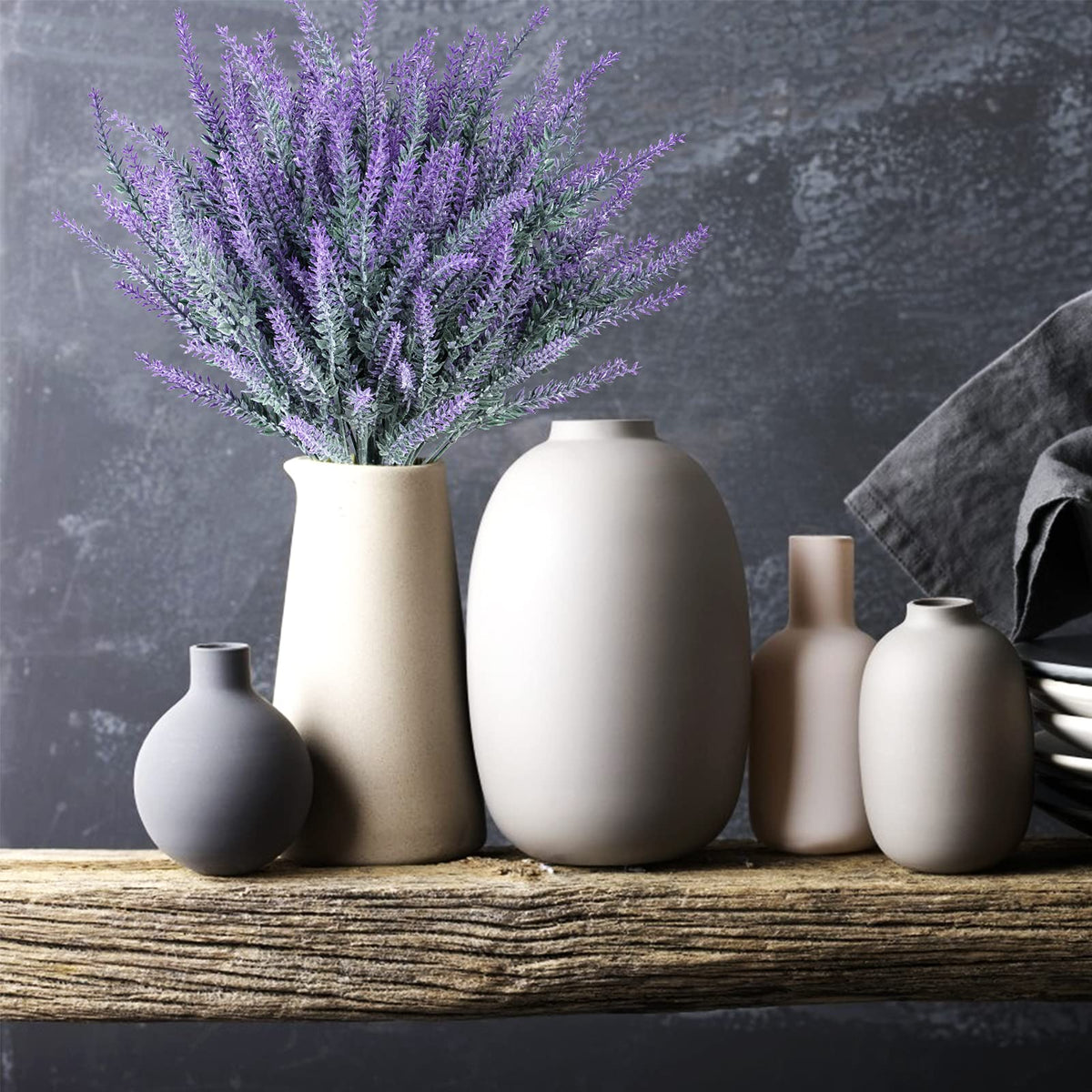 Ouddy Decor 12 Bundles Artificial Lavender Fake Flowers Faux Plastic Plants for Home Wedding Kitchen Garden Patio Window Box Office Table Centerpieces Indoor Outdoor Decor, Gray Purple