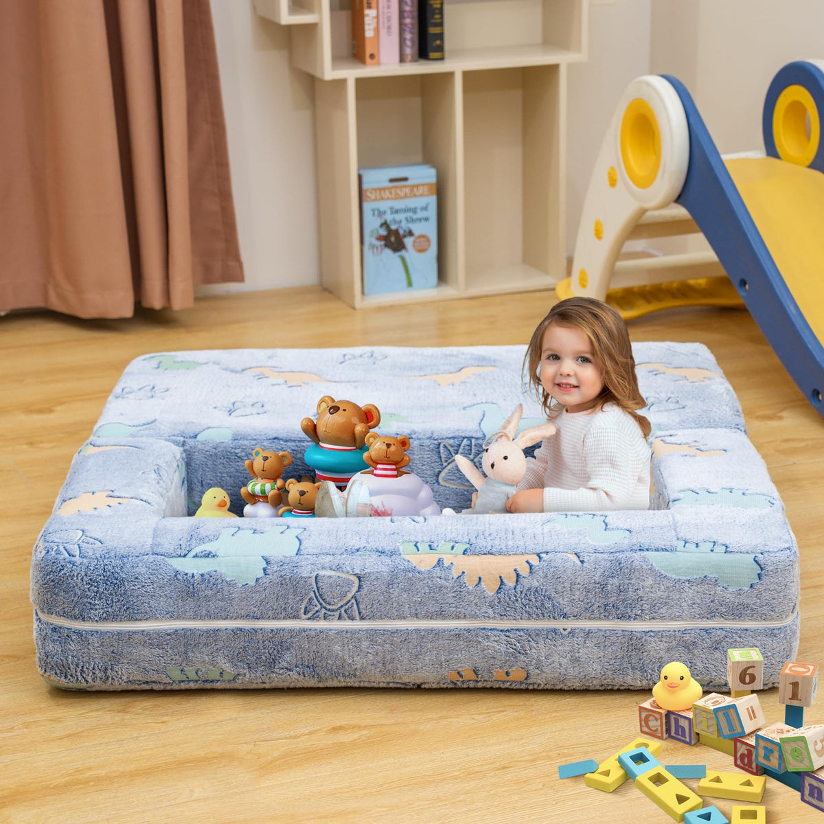 furlinkhm Toddler Couch, Glow in The Dark Kids Play Couch Toddler Fold Out Couch, Kids Fold Out Couch for playroom, Convertible Baby Fold Out Play Foam and Floor Cushion for Bedroom, Blue+Dinosaur
