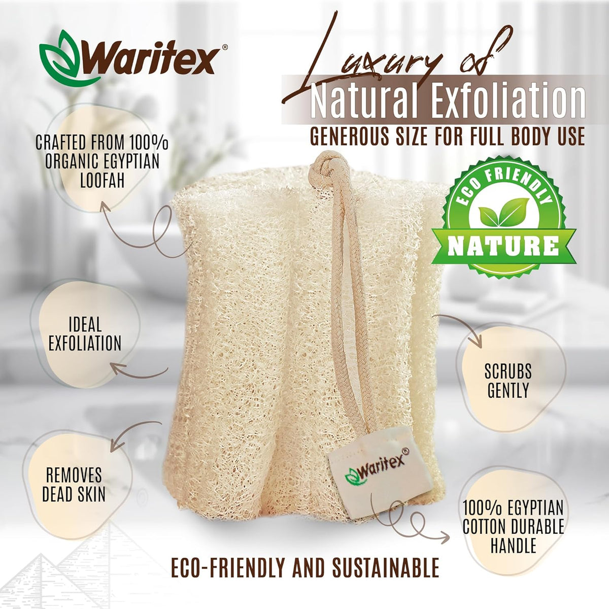 Premium Natural Egyptian Loofah Sponges, Made from 100% Natural Organic Material, Gentle Skin Exfoliation, and Full-Body Spa Experience – Eco-Friendly Loofah 3 Count (1 Pack)
