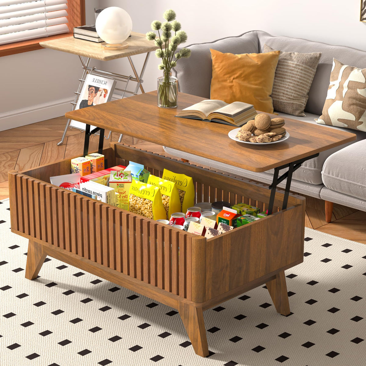 Lift Top Coffee Table with Hidden Compartment, Mid Century Modern Coffee Table for Living Room, Fluted Design Farmhouse Center Table with Storage (Walnut, 35.4" W)