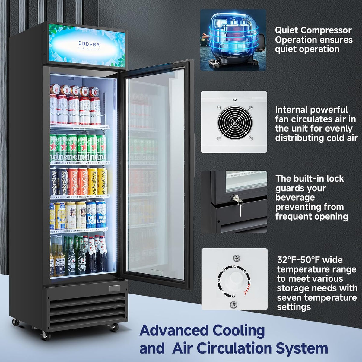 BODEGACOOLER Beverage Refrigerator and Cooler, Commercial Refrigerators with 4 shelves, Commercial Fridge with Soft LED Light. Merchandiser Refrigerators as Black Bar Cooler For Party, 9.0 Cu. Ft