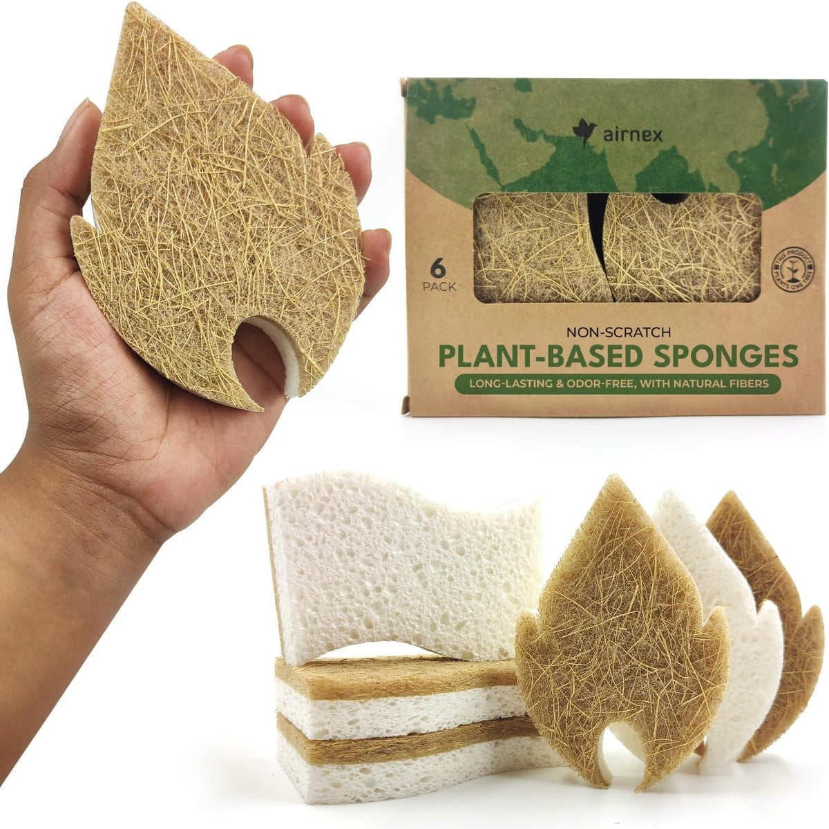 Biodegradable Natural Dish Sponges Kitchen Pack of 6 - Leaf and S-Shaped Coconut and Cellulose Scrubbers for Dishes and Surfaces - Eco Friendly Non-Scratch Heavy Duty Dish Sponges Bulk