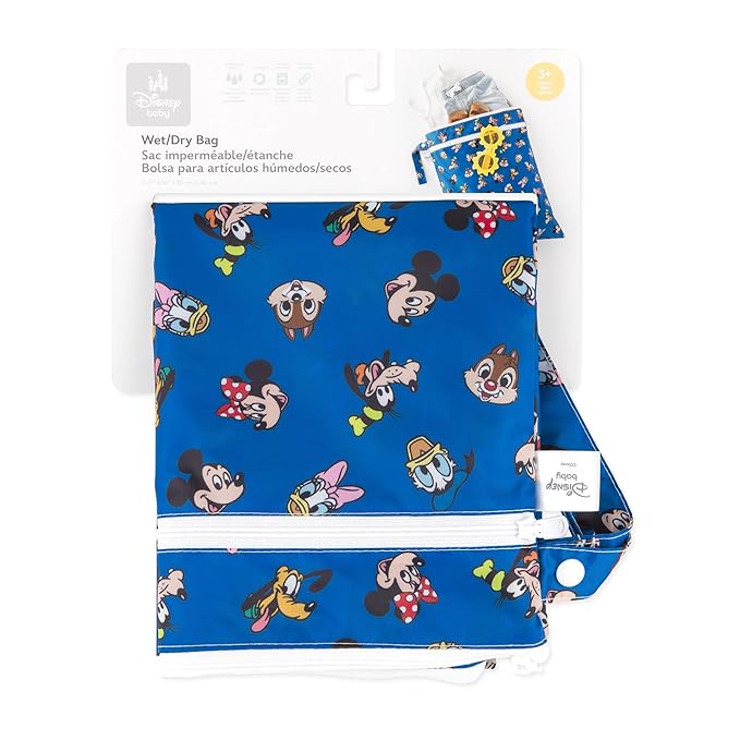 Bumkins Disney Waterproof Wet Dry Bag for Baby, Travel, Swimsuit, Cloth Diapers, Pump Parts, Pool, Beach, Gym Clothes, Toiletry, Hook to Stroller, Daycare, Zip Reusable Wetdry, Mickey and Friends Blue
