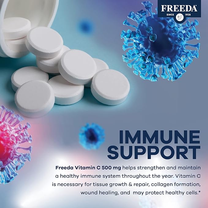 FREEDA Vitamin C - Vegan Vitamin C 500mg - Kosher - Powerful Antioxidant Immune Support - Easy to Swallow Vitamins C Tablets as Ascorbic Acid - Pure Vitamin C 500 mg - VIT C Supplement (100 Count)