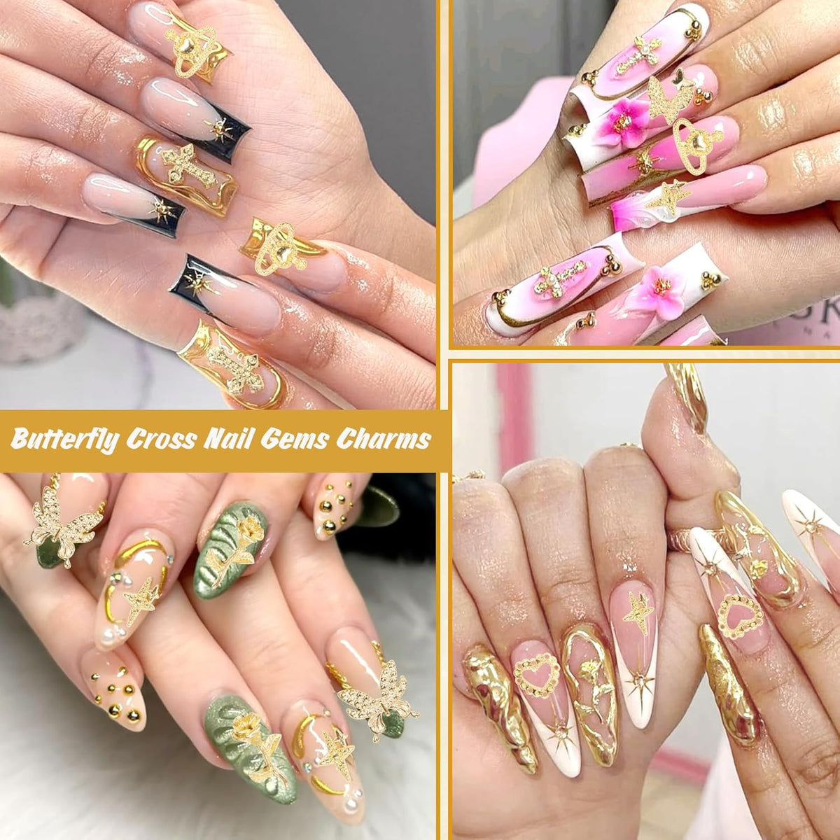 Cross Star Gold Nail Charms, 3D Cross Star Nail Charm Flower Bow Alloy Nail Art Charm, Gold Half Pearls Beads Gems for Nails Art Y2K Supplies