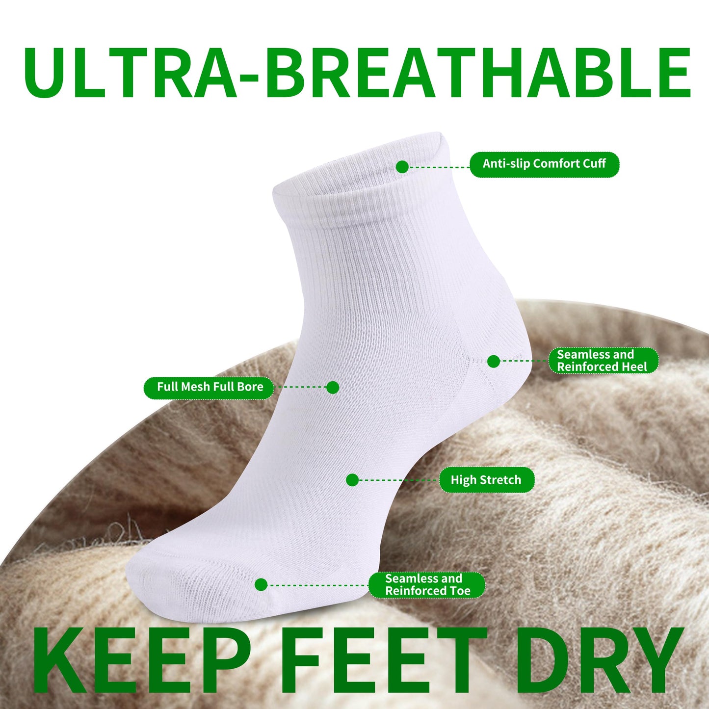 RZTT 90% Merino Wool Socks for Men and Women Athletic Ankle Socks with Arch Support Breathable Ultra Soft 3 Packs for All day Comfort,Medium,White