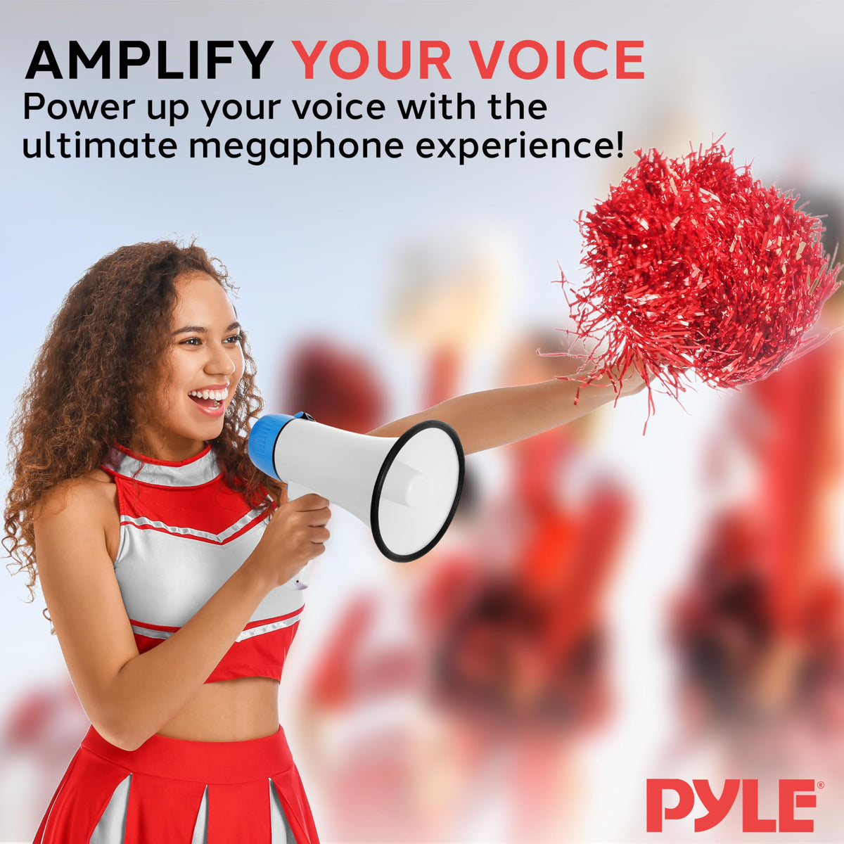 Pyle 20W Megaphone Bullhorn - Portable, Automatic Siren & Adjustable Volume,Projection Range Up to 400 Square Yards, Aux Input, Talk, Siren, Music, Whistle, & Record, Shoulder Strap (White-Blue)