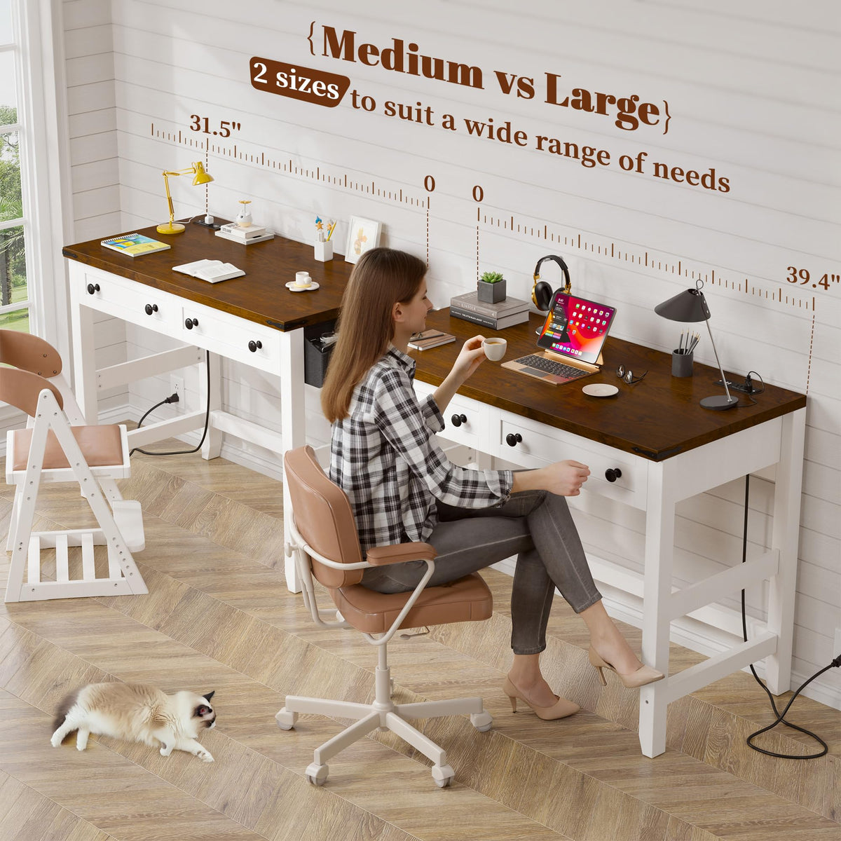 EnHomee 40" Small Desk for Bedroom, Computer Desk with Power Outlets for Home Office, Desks with Drawers and a Side Pocket, Brown+White