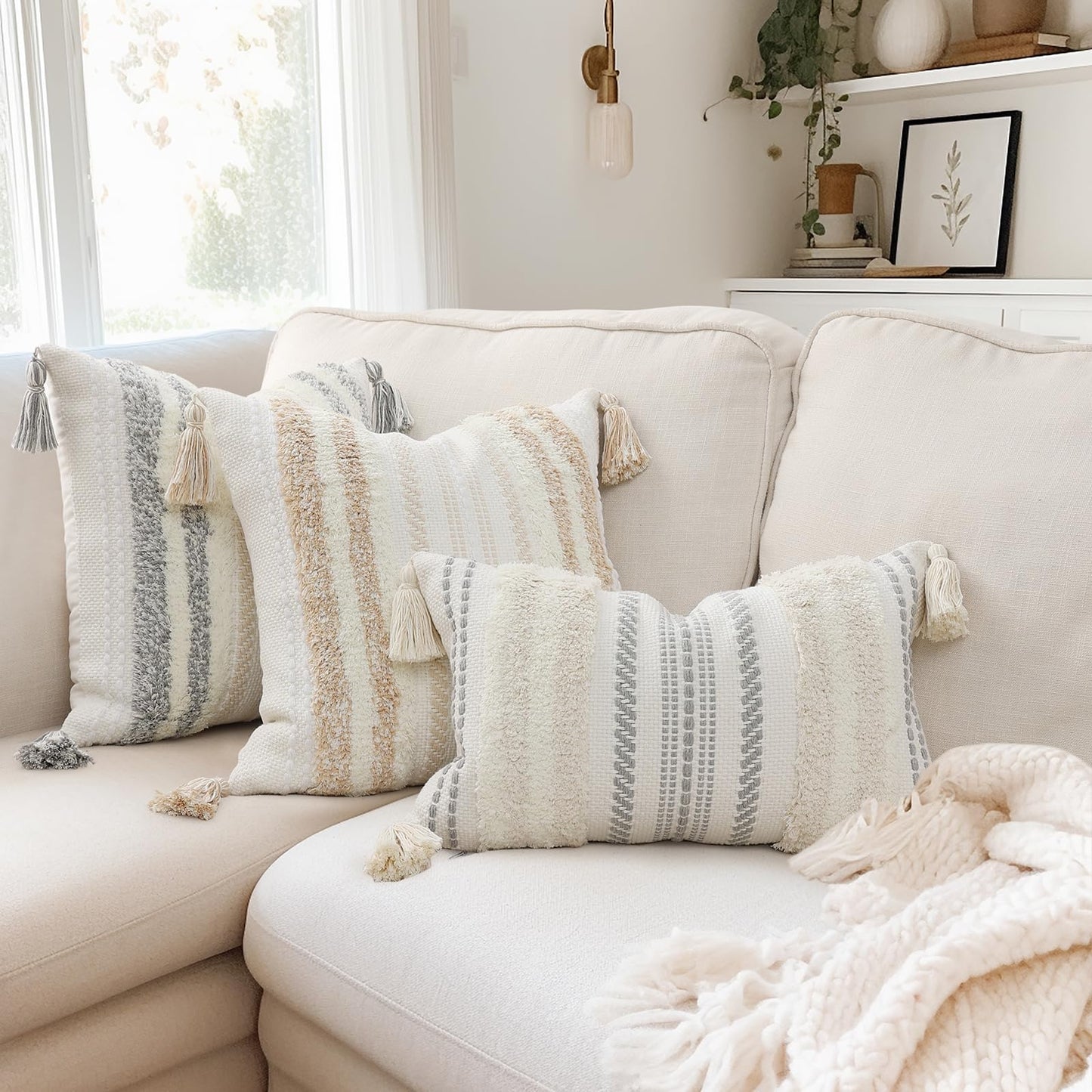 decorUhome Decorative Boho Throw Pillow Cover 12x20, Lumbar Accent Neutral Textured Tufted Pillow Cover Striped for Couch Bed Sofa, Beige and Cream White, Pack of 1