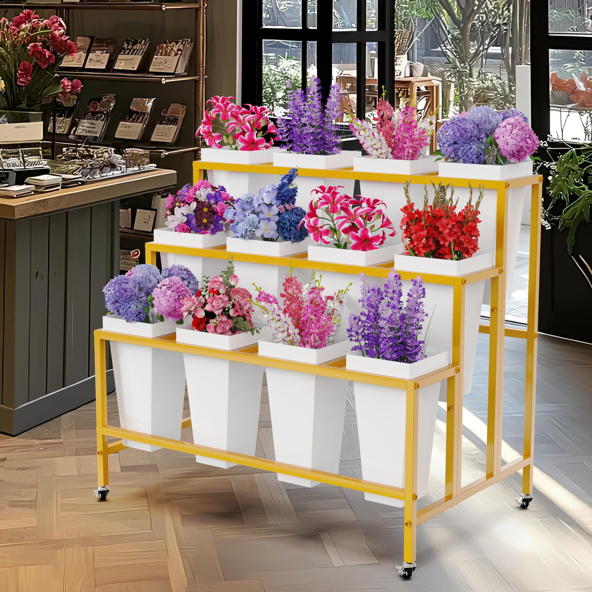 Putros Flower Display Stand with 12 Buckets Gold 3 Layers Metal Floral Cart with Wheels Moving Florist Bouquet Bar Plant Shelf for Indoor Outdoor Patio Garden Party Decor