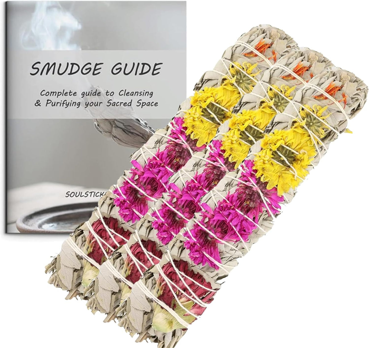 Joy Organic White Sage Smudge Sticks with Flowers for Cleansing Home, Meditation, Yoga, Healing and Smudging | Sustainably Sourced California White Sage Bundles (3 Pack - 9 Inch)