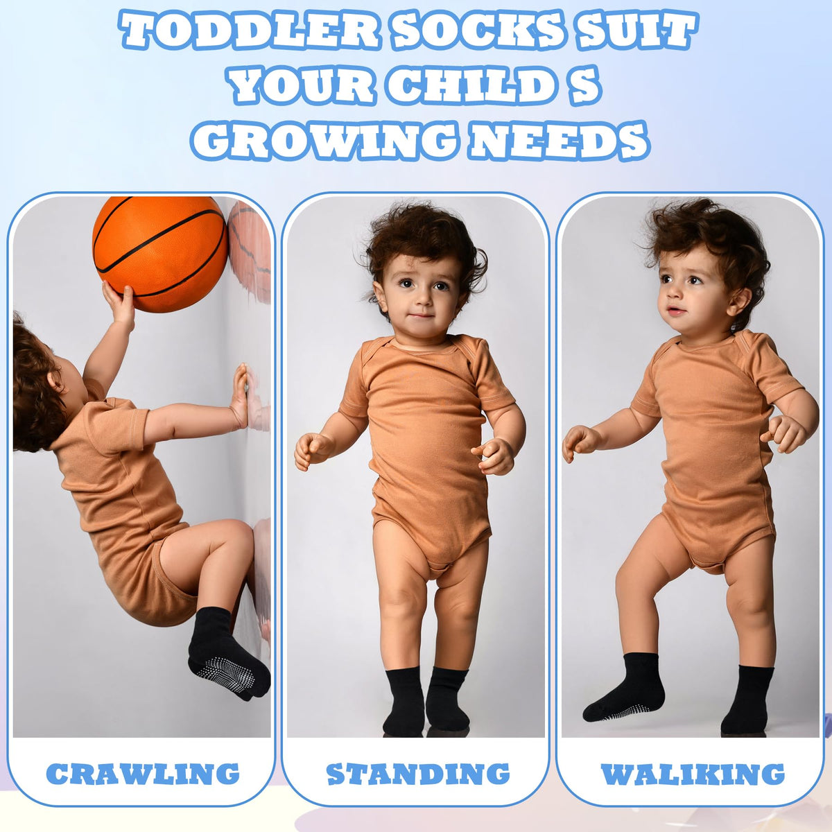 SkiBeaut Toddler Boys Socks- Kids Grips 12 Pairs Non Slip Skids Toddlers Girls Socks with Grippers for 3-5 Years