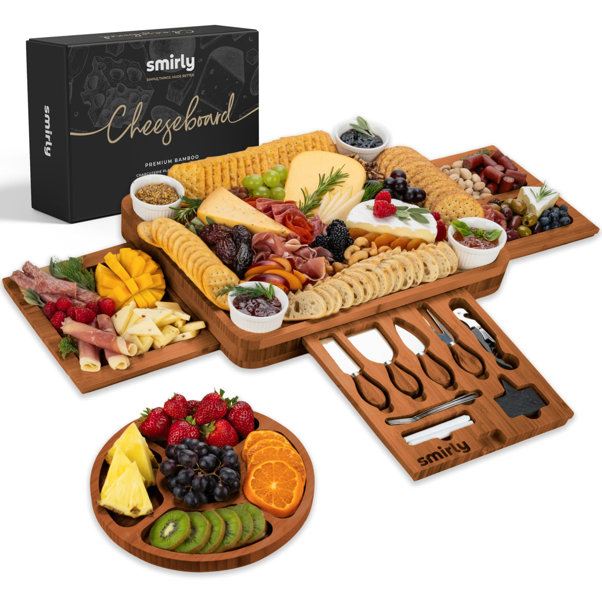SMIRLY Charcuterie Boards Set - Large Bamboo Cheese Board Set - House Warming Gifts New Home, Wedding Gift for Couple, Bridal Shower Gift, Birthday Gifts for Women