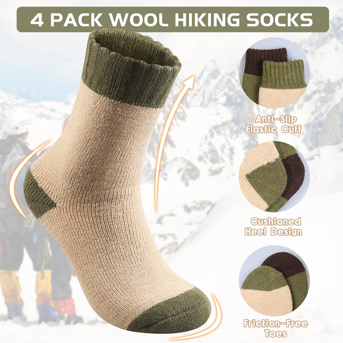 Yeblues Merino Wool Thermal Hiking Socks - 4 Pairs, Men's Sizes 6-11, Super Soft, Warm for Winter