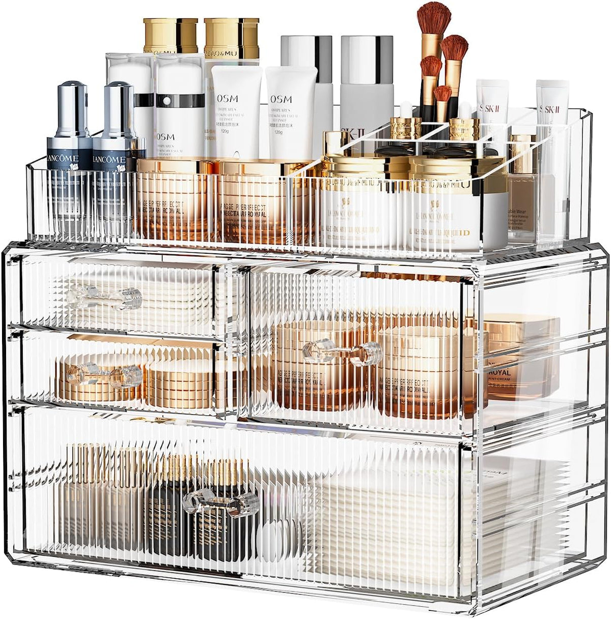 ZHIAI Stackable Storage Drawer, Acrylic Organizer, Cosmetic Organizer for Dresser, Vanity, Kitchen Cabinet, Bathroom, Under Sink, Home Organization and Storage (1 Top 3 Drawers)