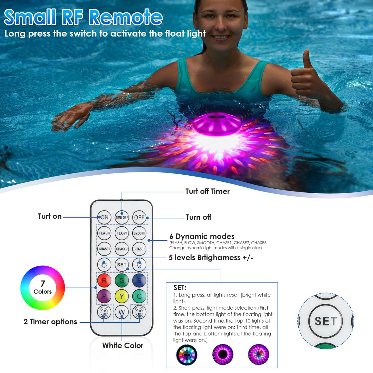 QOLNBY Floating Pool Lights, Pool Light with 6 Dynamic Lighting Effects, IP68 Waterproof Pool Lights That Float, Rechargeable RGB Upper and Lower Color Changing Lights for Hot Tub, Patio 4 Pack