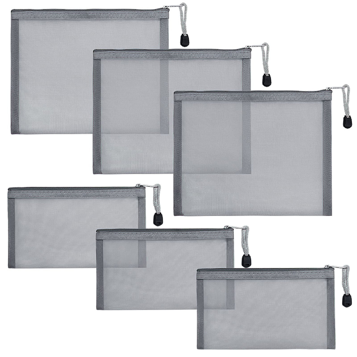 besharppin 6 Pack Mesh Cosmetic Bags, Nylon Makeup Pouches with Zipper for Home Office Purse Diaper Bag (Grey)