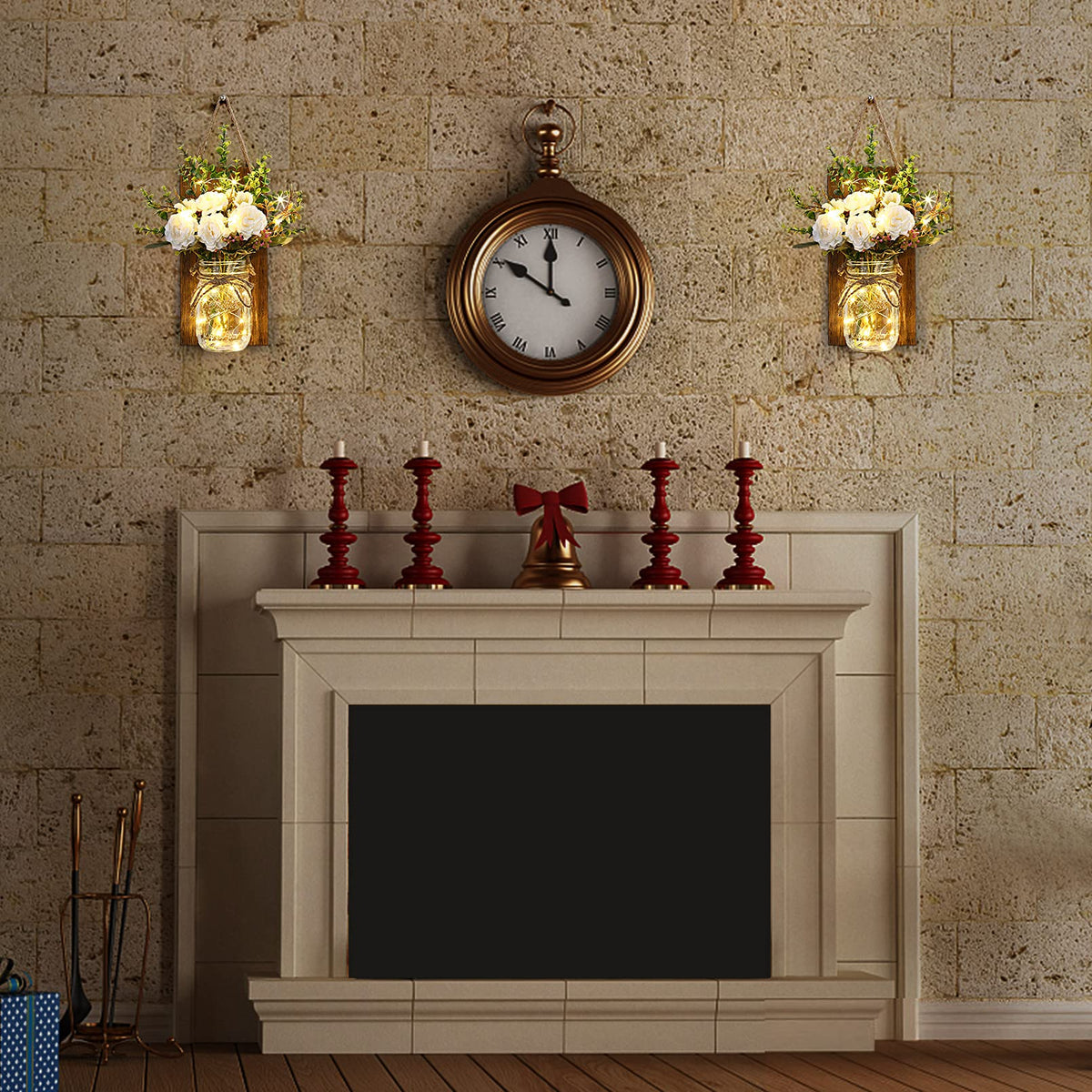 Lightess Wall Decor Mason Jar Sconces with Remote Control, Rustic Home Decor Wall LED Fairy Lights with White Rose, Farmhouse Wall Decorations Lights Set of Two for Dining Room Living Room