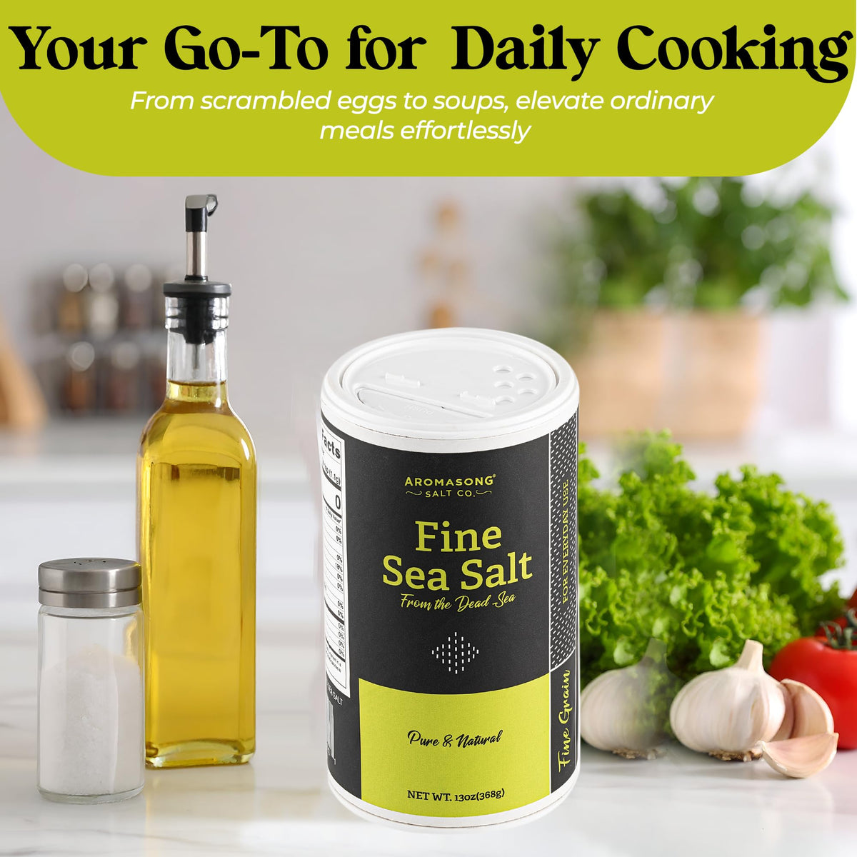 Aromasong 100% Natural Sea Salt from the Dead Sea, Fine Grain Table Salt, 13 OZ. Salt Shaker, 100% Pure & Natural, Unrefined, Gluten Free, Sea Salt for Daily Cooking