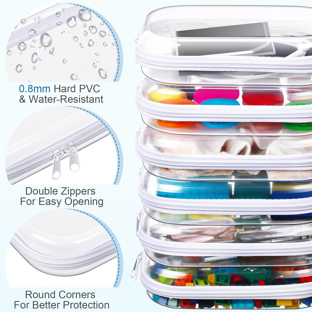 Sanwuta 6 Pcs Clear Hard Zipper Case Hard Plastic Zipper Pouches Makeup Bag Transparent Cases for Snacks Plastic Storage Organizer Portable Box for Travel