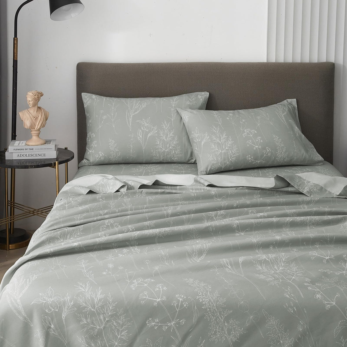 HYPREST Grey King Size Sheets, 18 Inch Deep Pocket King Sheets Botanical Pattern Sheet Luxury Rustic Soft Hotle Quality-1800 Threat Count