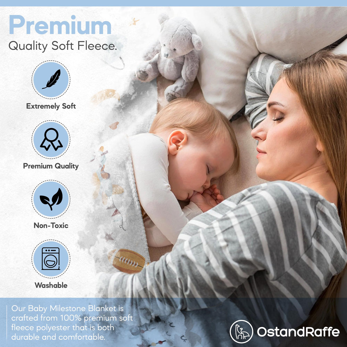 OSTANDRAFFE Monthly Baby Milestone Blanket for Boy, Premium Soft Fleece Blanket, First 12 Months Growth Chart, Large Size 60" x 40", 16 Milestone Stickers