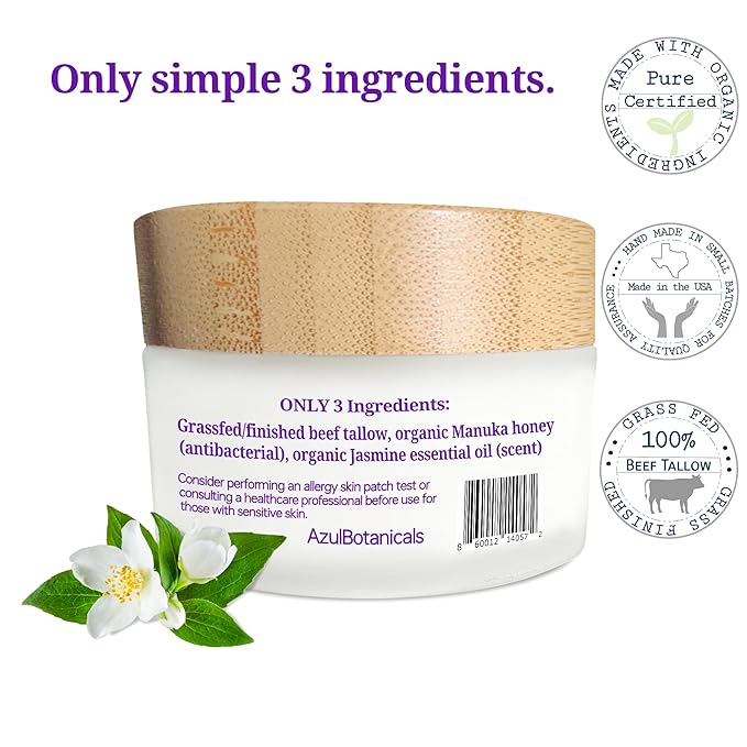 Simply Whipped Tallow Balm, Only 3 Ingredients, Grassfed/finished Tallow, Manuka Honey, and Jasmin Scent (Essential Oil) 50g (1.7 oz)