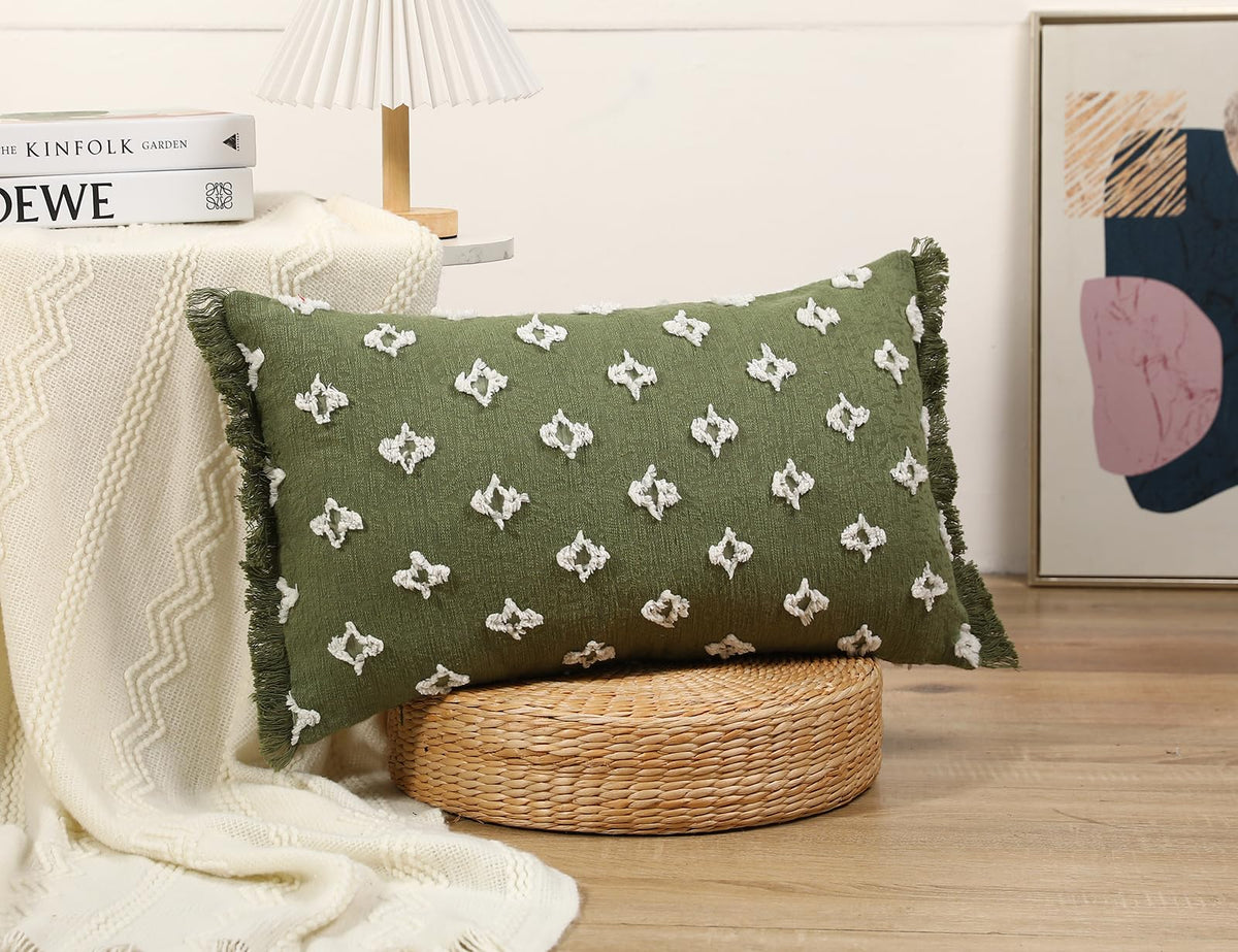 DRNOU Boho Long Lumbar Pillow Cover 14x24 with Tassel,3D Flower Patterned Cotton Decorative Long Lumbar Pillow Cover Pillow Case for Sofa Couch Bed Livingroom Farmhouse,Sage Green