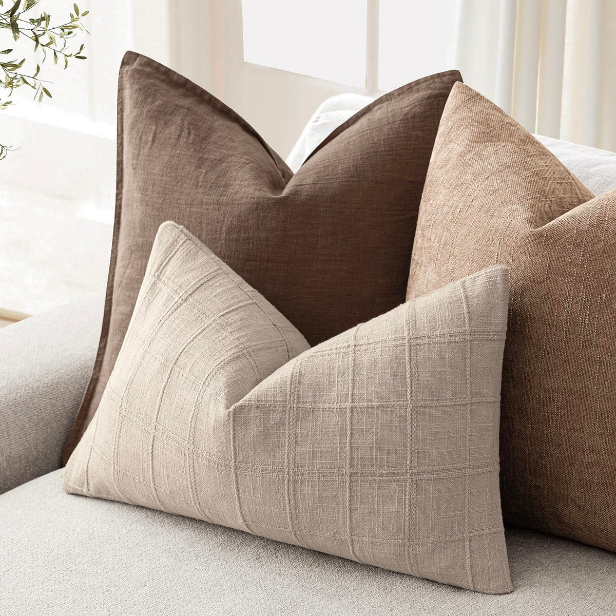 Foindtower Set of 2 Decorative Linen Check Throw Pillow Covers Neutral Farmhouse Lumbar Cushion Covers Modern Boho Home Decor for Sofa Chair Couch Bedroom Living Room Outdoor,12×20 Inch,Natural Linen