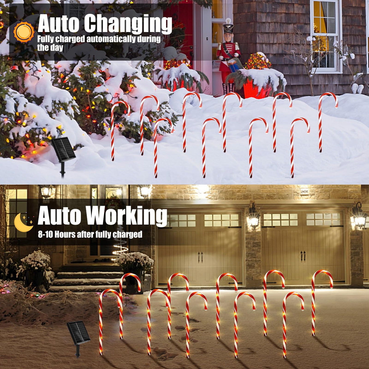 Outdoor Christmas Decorations, 10 Pcs Christmas Candy Cane Lights, 21'' Solar Pathway Lights with 8 Lighting Modes, Waterproof Garden Lights for Outdoor Xmas Patio Yard Walkway Decorations