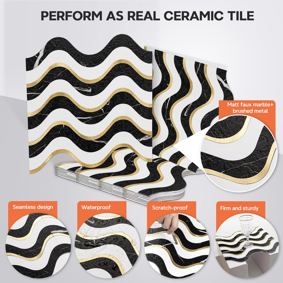 Vamos Tile 10-Sheet Peel and Stick Backsplash Seamless Tile,Stick on Backsplash for Kitchen and Bathroom, Black Marble Look+ Pure White PVC Mixed Metal Gold Self Adhesive Wall Tiles