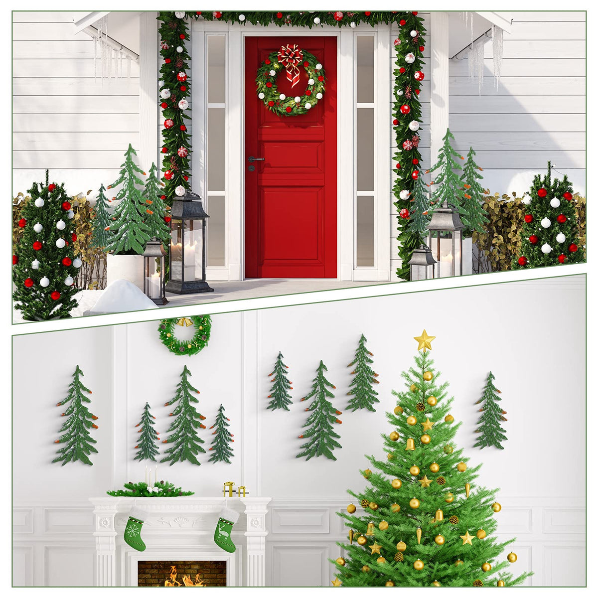 8 Pieces Pine Tree Metal Wall Decor Set Pine Tree Landscape Wall Art Pine Tree Decor Pine Sculpture Rustic Pine Tree Metal Wall Art Decor for Christmas Outdoor Home Farmhouse Cabin Decor (Green)