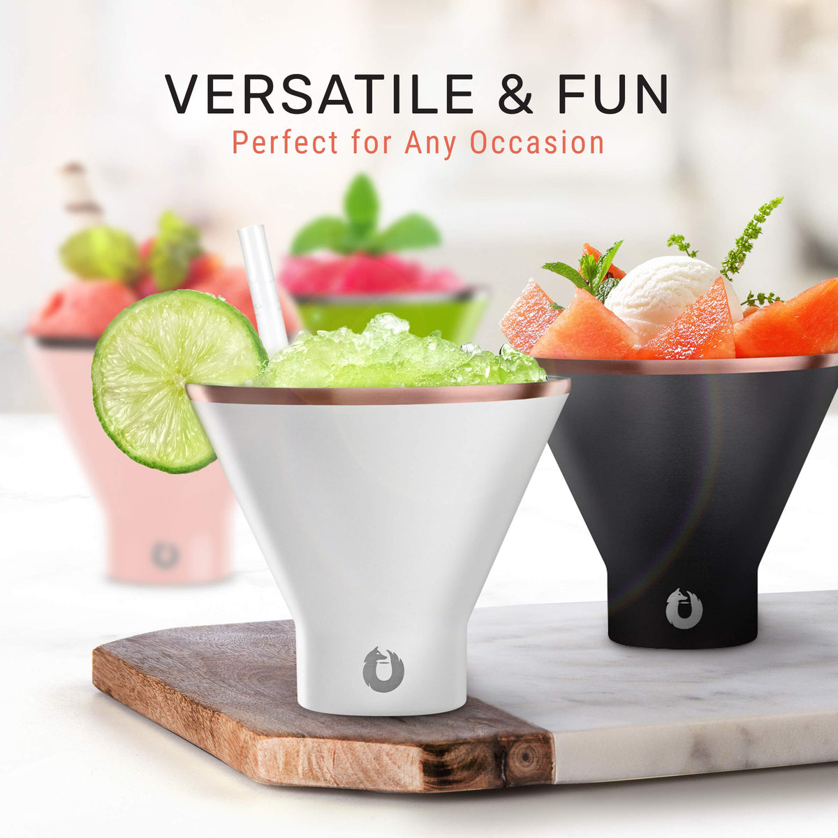 SNOWFOX Premium Vacuum Insulated Stainless Steel Martini Glass, Set of 2, Martinis Stay Icy Cold, Stemless Cocktail Glasses, Elegant Home Entertaining, Bold Beautiful Barware Set, 8 oz, Marble