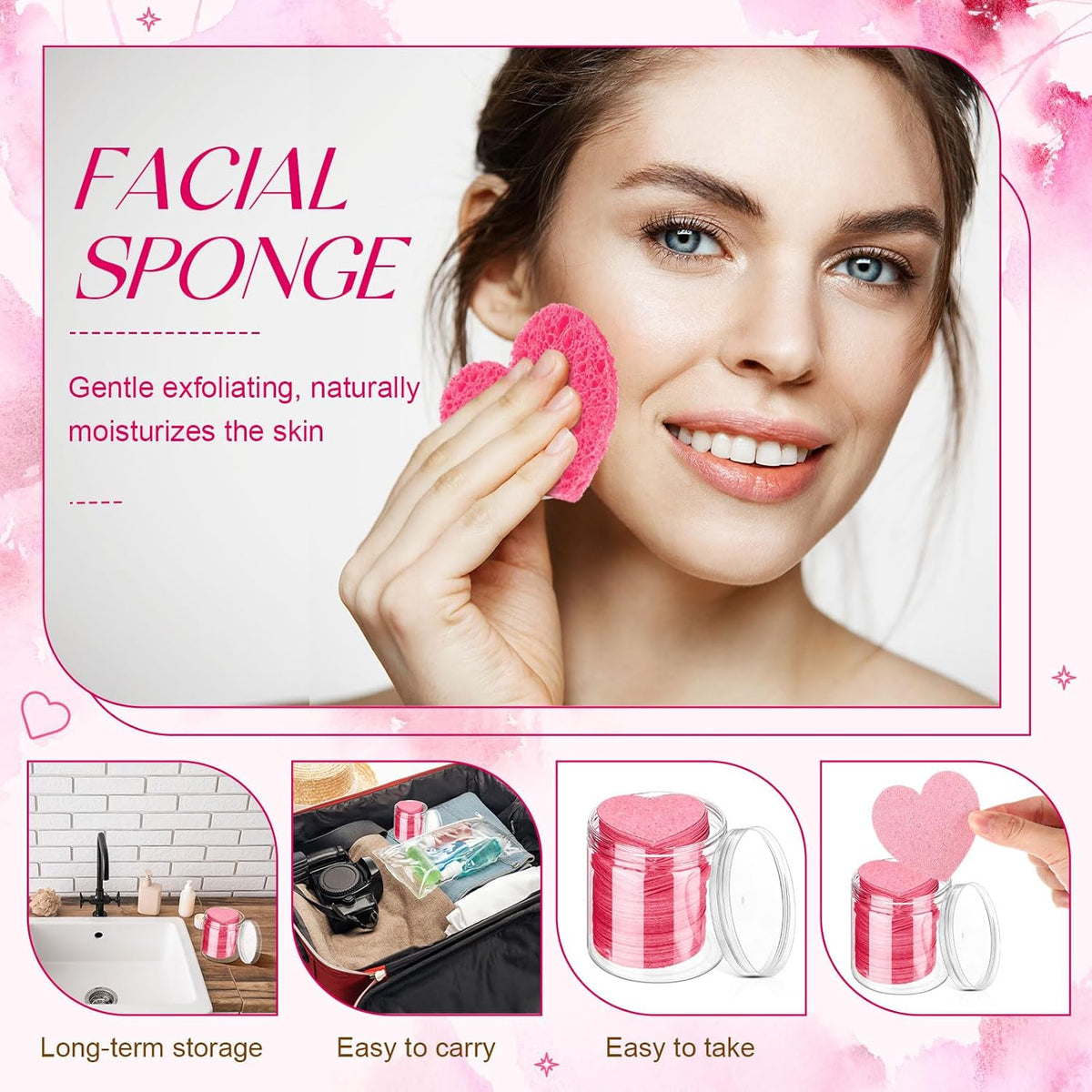 Loopeer 96 Pcs Compressed Facial Sponges with Container Disposable Face Sponge Pads for Washing Face Cleansing Exfoliating Esthetician Makeup Removal (Pink)