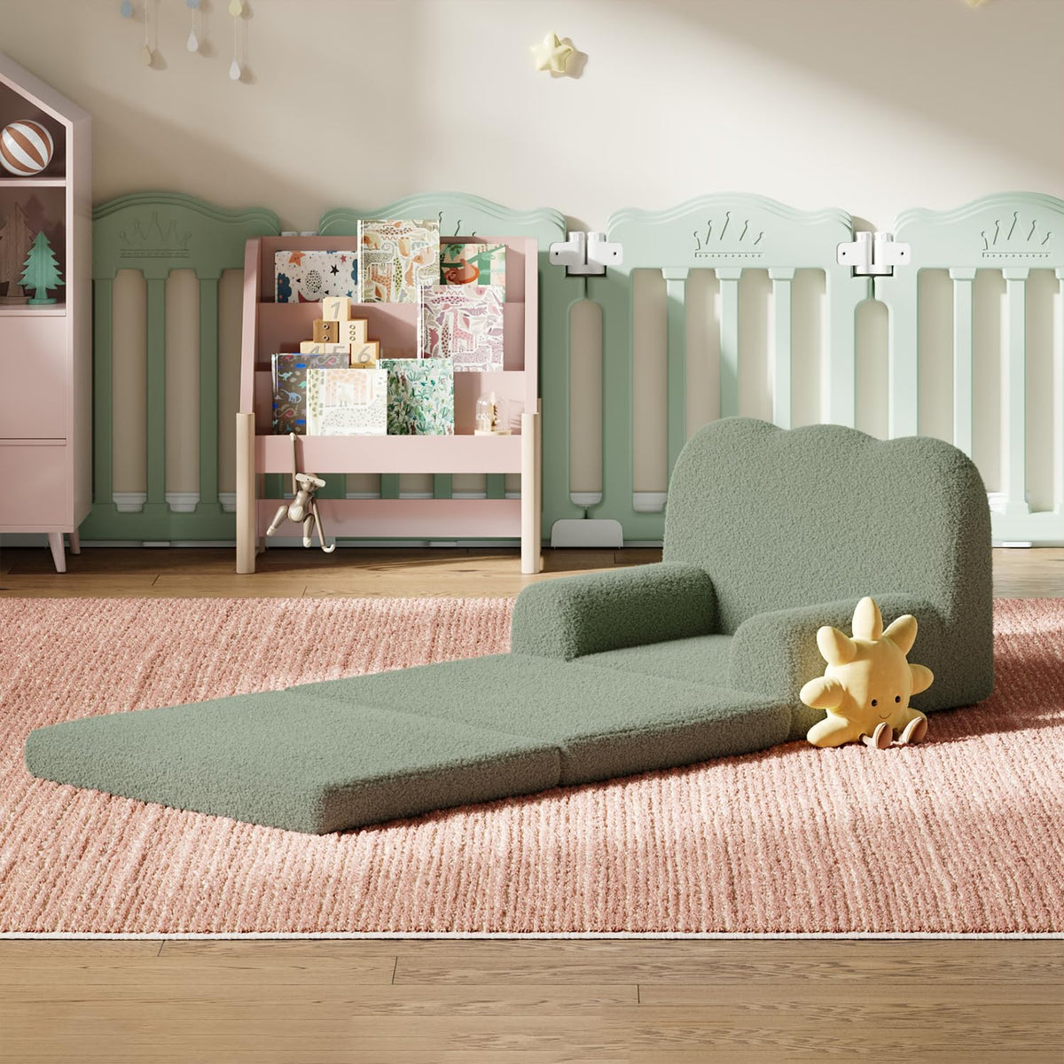 GarveeHome Kids Couch, 2-in-1 Comfy Toddler Couch Fold Out, Convertible Sofa to Lounger with Cute Wave Design, Foam Kids Chair with Soft Sherpa, Gift for Girls and Boys (Green Wavy)