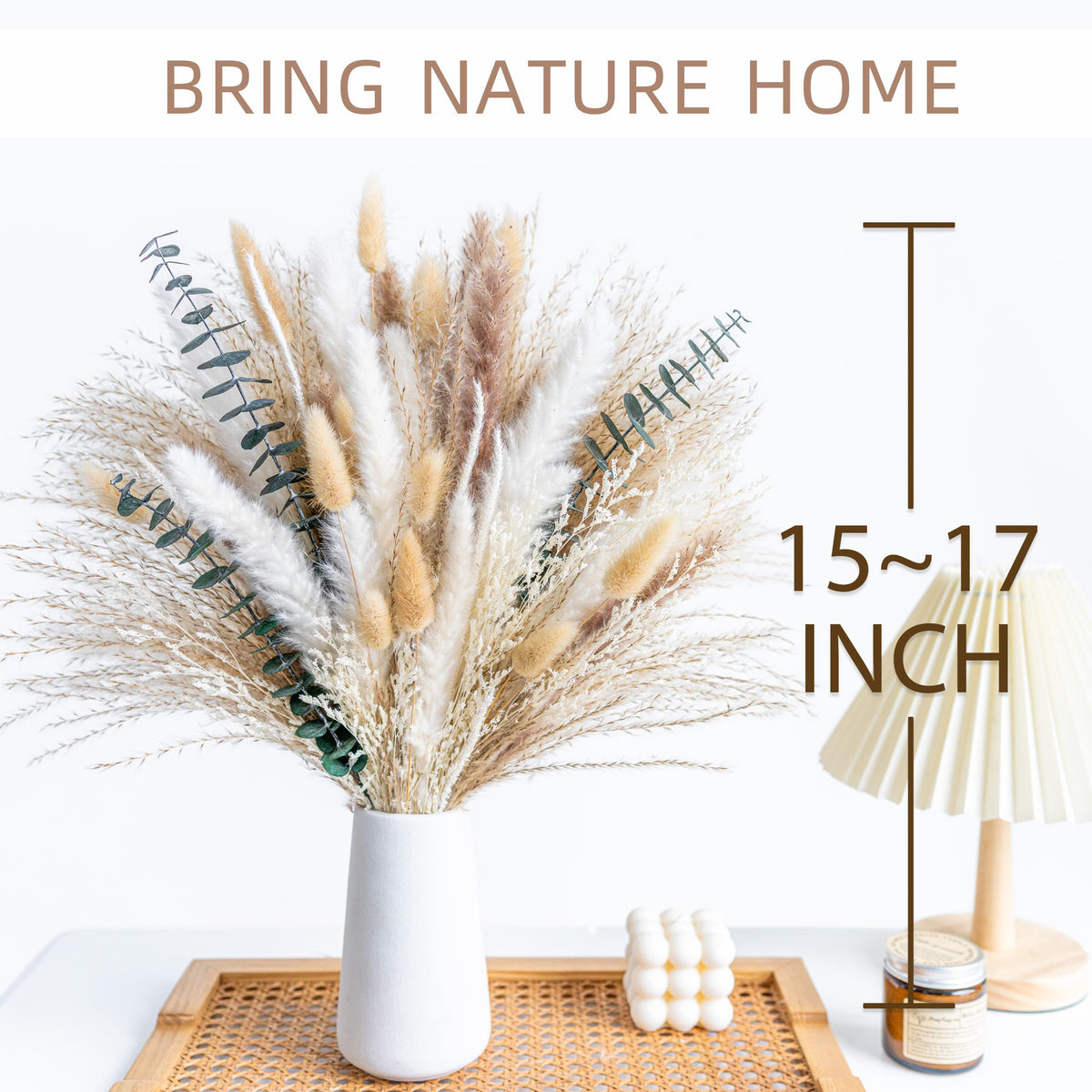 WILD AUTUMN Pampas Grass Decor Natural Dried Pampas Boho Home Decor Bouquet Dried Flowers Eucalyptus Bouquet for Wedding Floral Arrangements Table Decor Rustic Farmhouse (White&Green)