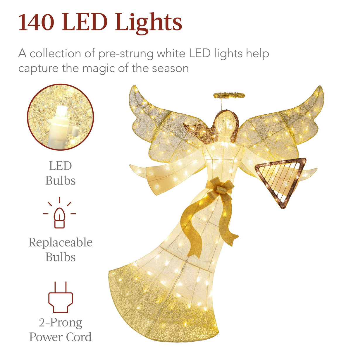Best Choice Products 5ft Lighted Outdoor Angel Christmas Decoration, Pre-Lit Winged Holiday Figure for Lawn w/ 140 LED Lights, Harp, Bow, Halo, Zip Ties, Ground Stakes