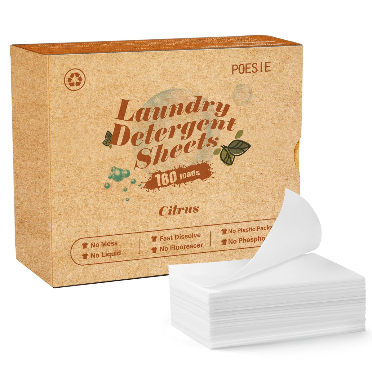 Poesie Laundry Detergent Sheets Fresh Scent 160 Count Clear Non-Plastic Hypoallergenic Liquid Less Sheets for Home Dorm Travel Camping & Hand Washing Clean No Waste