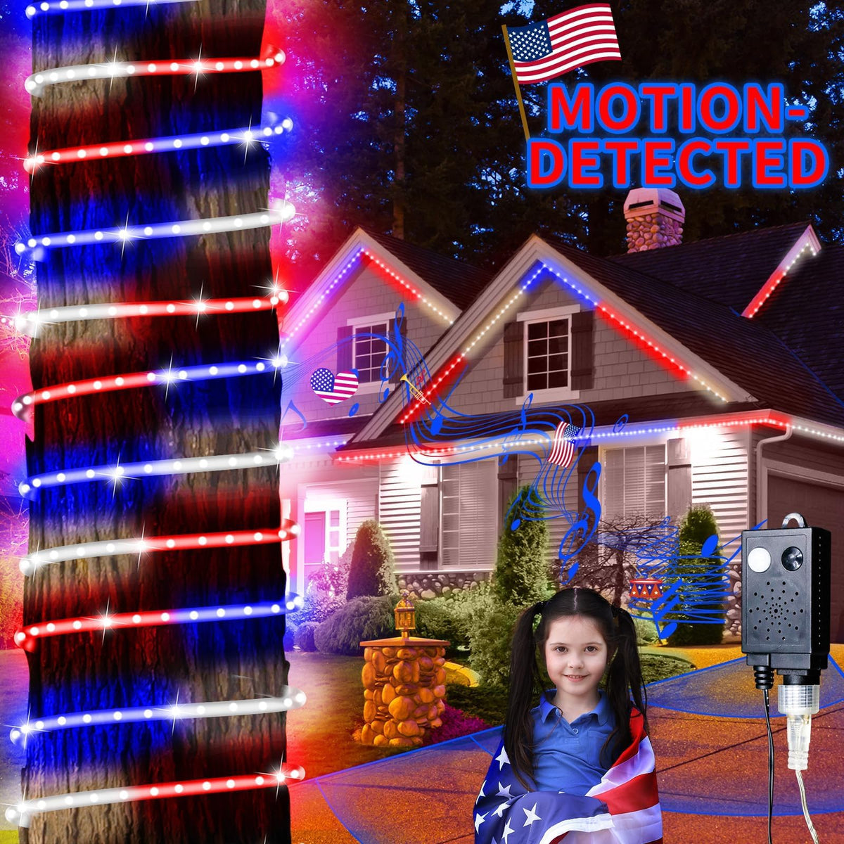 Kenburg 4th of July Red White and Blue Rope Lights with Patriotic Music, 50ft 600 LED 8 Modes Fourth of July Decorations Plug in Timer Tree Lights Outdoor for Independence Day Memorial Day