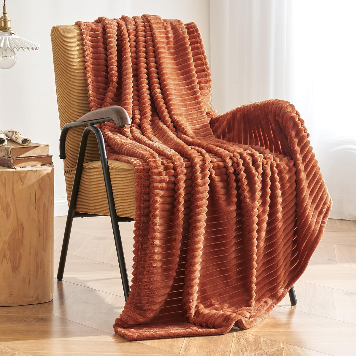 MIULEE Fall Rust Throw Blanket 3D Ribbed Jacquard Fleece Flannel Velvet Plush Decorative Bed Blanket (Throw, 50" x 60") - Super Soft, Lightweight, Warm and Cozy for Couch Sofa Home Decor