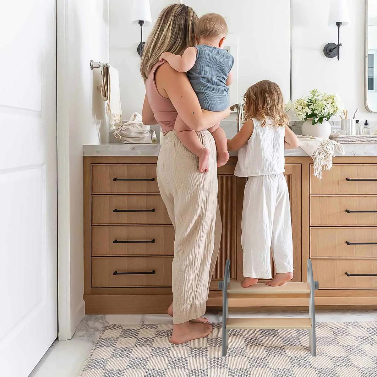 Wooden 2 Step Stool for Kids Bathroom Sink Foldable Anti-Slip 2-Step for Toilet Potty Training, Child Stepping Stool for Kitchen Nursery Bedroom, Sturdy Non Slip Adult Stool for Closet Grey